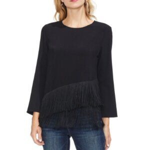 NWT VINCE CAMUTO Women Black Tiered Fringe Hem Bell Sleeve Jewel Neck Blouse Top